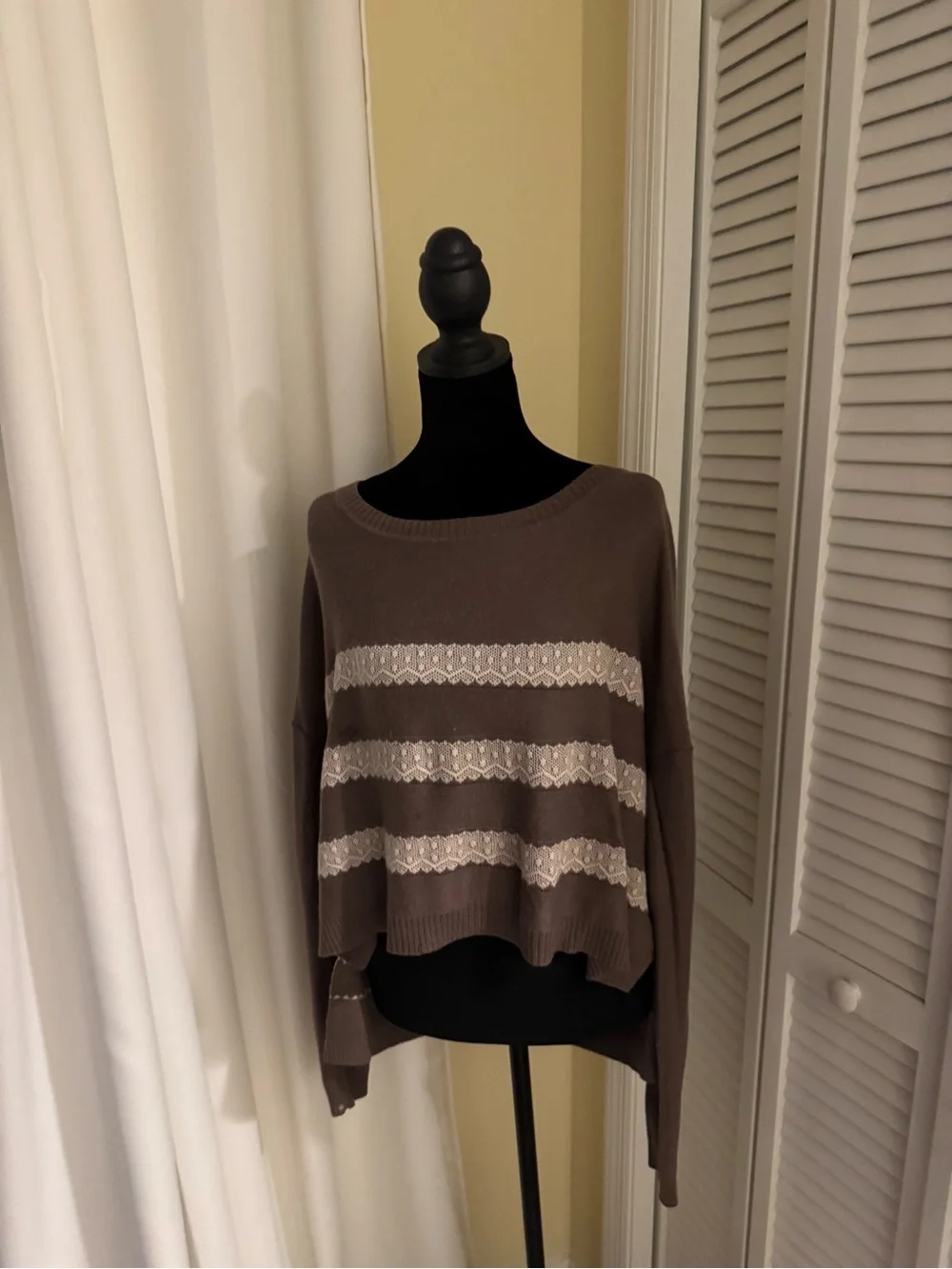 Romeo & Juliet Couture Taupe Sweater with Cream Lace Stripes